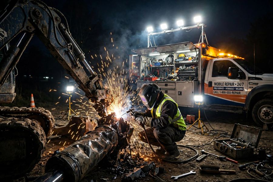 Emergency mobile welding repair at night under portable work lights