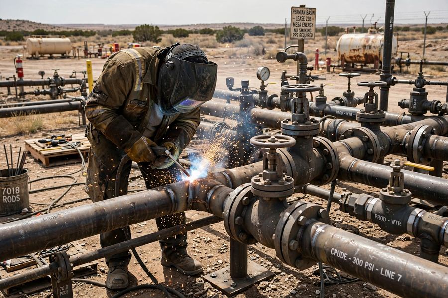 Mobile oilfield welding on rig and production equipment in the Permian Basin