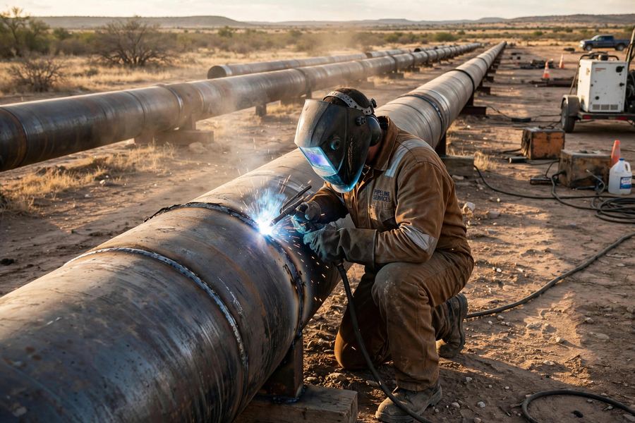 Pipeline welder joining steel pipeline in a West Texas field